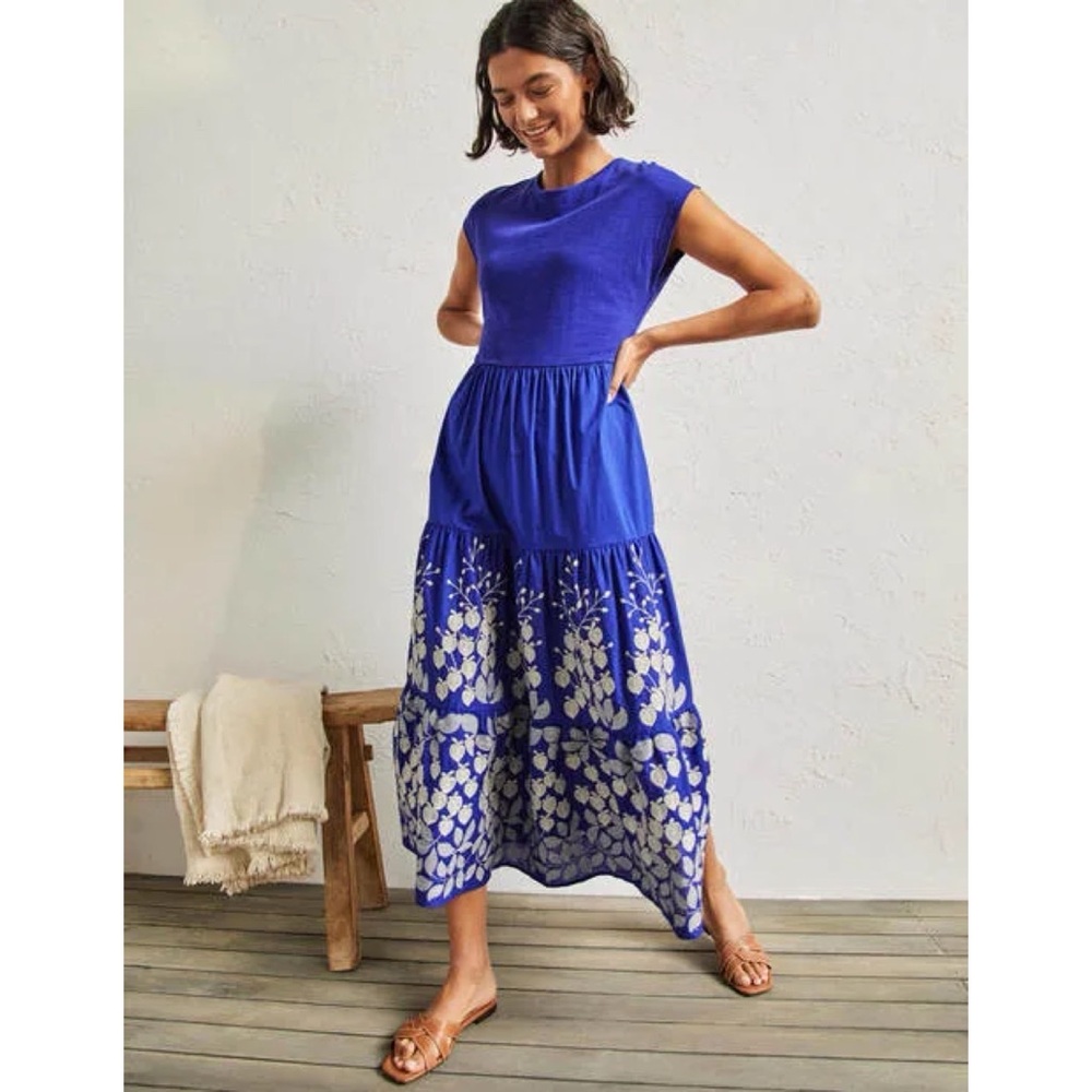 Boden Tiered Midi Dress Cobalt Blue Bright Embroidered Cotton Casual Boho